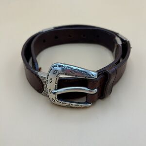 Vintage 90s FOSSIL Womens 27 Brown Leather Western Belt Silver Buckle Concho